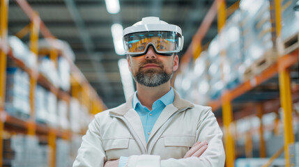 a logistics manager in a smart warehouse overseeing inventory using augmented reality glasses, technology, logistics, innovation,
