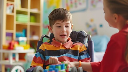 speech-language pathologist working with a child who has difficulty speaking and understanding language
