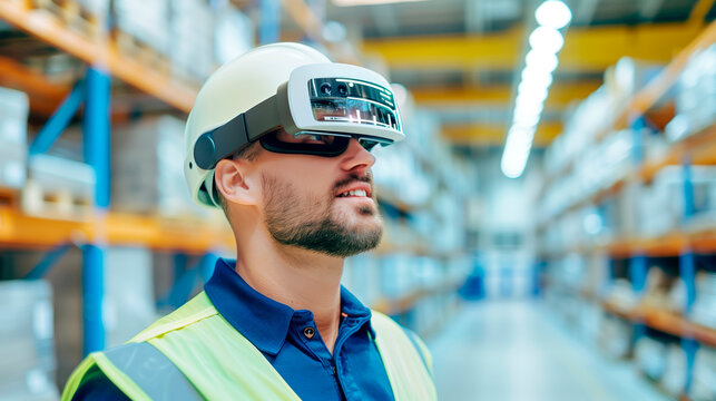 a logistics manager in a smart warehouse overseeing inventory using augmented reality glasses, technology, logistics, innovation, - Powered by Adobe