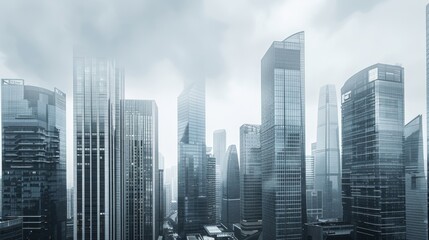 Obraz premium Modern urban landscape reflective skyscrapers in overcast sky, symbolizing innovation