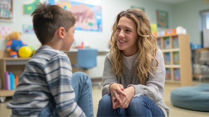 speech-language pathologist working with a child who has difficulty speaking and understanding language