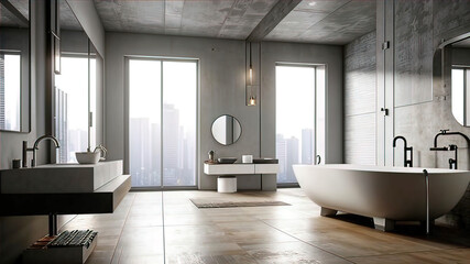 Fototapeta premium Brutalist interior design of a modern bathroom with concrete walls, gray bathtub and double vanity with mirror.