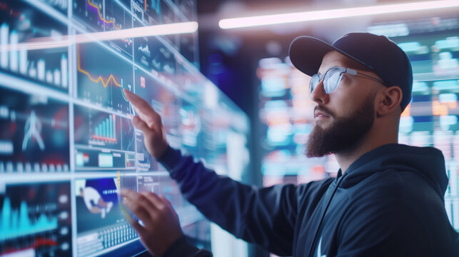 a sports analyst in a modern studio using a holographic interface to review athlete performance data, technology, sports analytics, innovation,