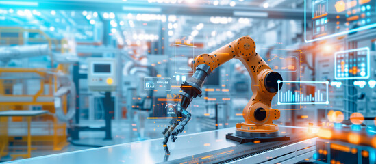 a high-tech industrial robotic arm operating in a modern factory. The arm is surrounded by digital data overlays, including graphs, charts, and technical readouts. The background f
