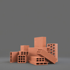 Various ceramic bricks. Banner with grey background. Realistic 3d render.