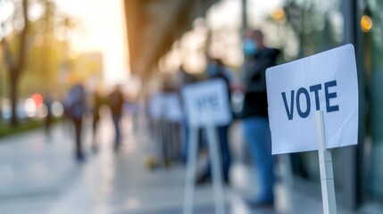Fototapeta premium People lining up to vote outside a polling place, civic duty