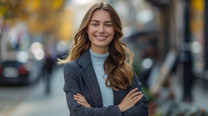 Fototapeta premium smiling business woman standing on the street, portrait. Proud successful female entrepreneur wearing suit