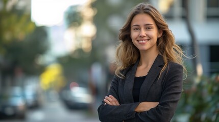Fototapeta premium smiling business woman standing on the street, portrait. Proud successful female entrepreneur wearing suit