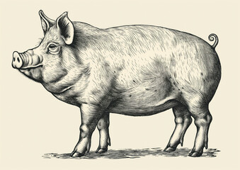 Fototapeta premium Pig, hog, boar. Vintage retro print, black white pig sketch ink pencil style drawing, linear drawing, engrave old school. Sketch artwork silhouette pig, hog, boar. Side view profile. Illustration