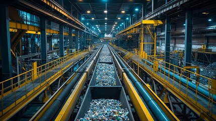 Fototapeta premium recycling facility with sorting machines, conveyor belts, and workers processing waste materials