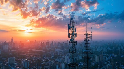 A cityscape with various wireless communication antennas and towers, representing the infrastructure supporting modern wireless connectivity.
