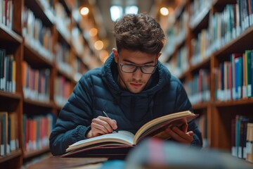 Focused student studying in a library.