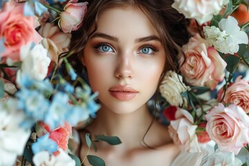 Close-up of a woman with flowers, highlighting her vibrant makeup and blue eyes.