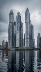 Obraz premium Modern city skyline with sleek skyscrapers reflecting overcast sky, symbolizing urban innovation