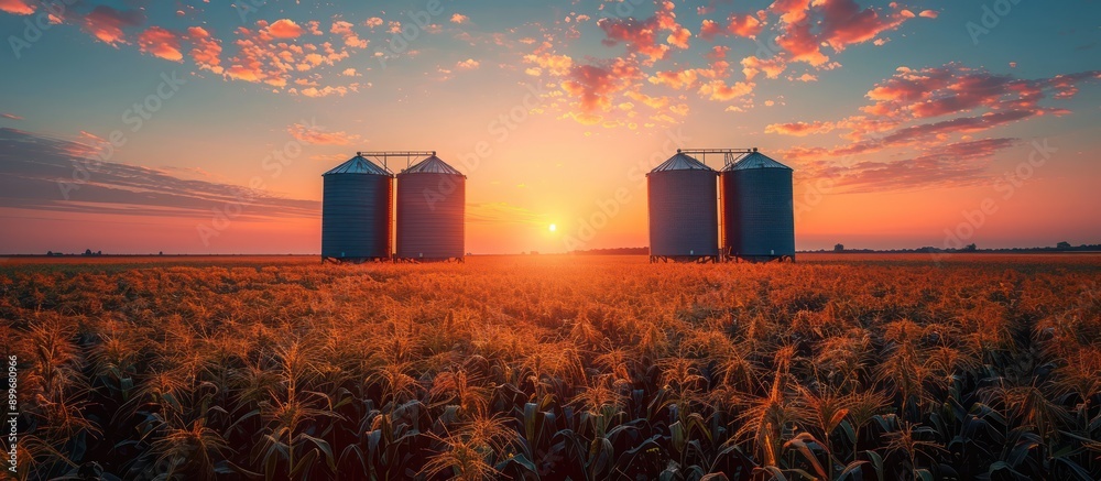 Wall mural Sunset Over a Cornfield with Silos