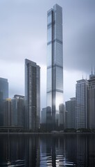 Naklejka premium Modern city skyline tall skyscrapers reflecting overcast sky, symbolizing urban innovation