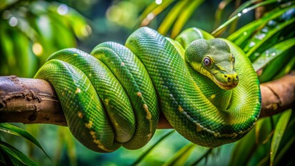 A vibrant green tree python snake entwined around a thick branch, blurring into the dense emerald foliage of a tropical rainforest habitat.