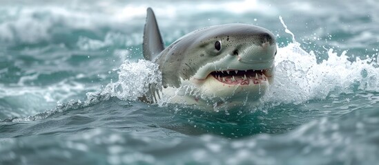 Naklejka premium Great White Shark Breaching the Surface