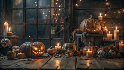 Obraz premium halloween pumpkin dark wood 