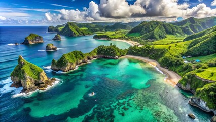 Serenely picturesque overhead view of a tranquil turquoise ocean bay surrounded by lush green hills and dramatic rocky formations.