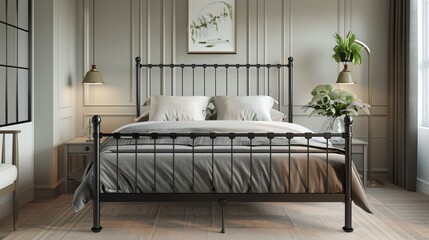 Contemporary king size metal bed frame with headboard and footboard in bedroom with neutral walls