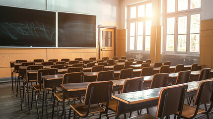 Fototapeta premium Sunlight Streaming Through the Classroom Window Illuminates Rows of Wooden Chairs and Desks Against a Blackboard. An Empty, Sunlit School Classroom Scene Captured in High Definition with Detailed Wood