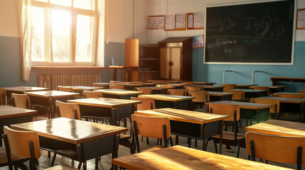 Sunlight Streaming Through the Classroom Window Illuminates Rows of Wooden Chairs and Desks Against a Blackboard. An Empty, Sunlit School Classroom Scene Captured in High Definition with Detailed Wood
