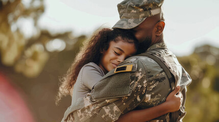 An African American soldier hugging his daughter before his departure