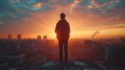 Fototapeta premium Silhouetted Man Standing on Urban Rooftop at Sunrise Contemplating the Endless Possibilities Ahead