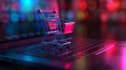 Online Shopping E-Commerce Concept: Cashier and Cart on Laptop Keyboard
