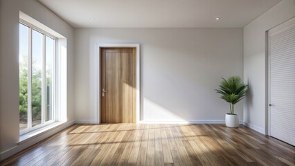 Spare, modern room with wooden floor, white walls, and single exit door, evoking isolation and minimalist serenity in 3d rendering.