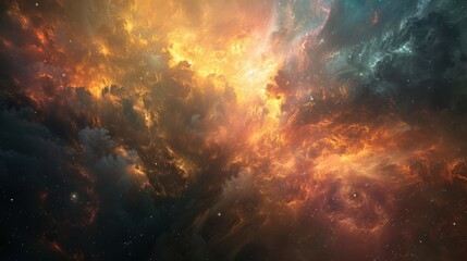 Naklejka premium Celestial Symphony - A breathtaking cosmic nebula portrayed in vivid space colors, evoking a sense of fantasy and wonder in stunning digital art creation.
