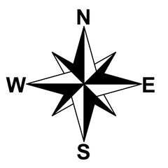 Compass icon, vector. Compass symbol, silhouette.  Navigation icon, symbol concept. North, South, West, East indicated with compass arrow. Vector illustration.