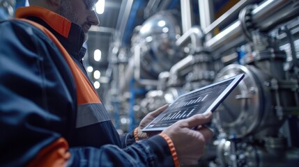 A worker using a digital tablet to monitor production metrics in a smart factory, highlighting the role of IoT in manufacturing