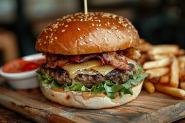 Delicious bacon cheeseburger with fresh vegetables and crispy fries.