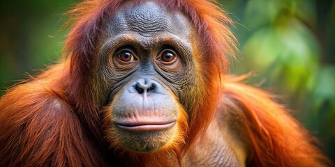 Obraz premium Close-up portrait of a curious orangutan, primate, wildlife, ape, endangered species, jungle, fur, mammal, intelligent, staring