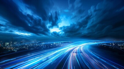 Digital data speed streaks over city skyline, modern tech in business, internet innovation