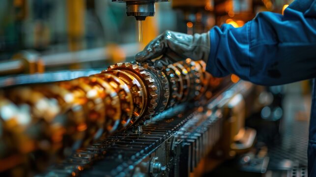 A worker lubricating gears to ensure smooth operation, emphasizing maintenance in mechanical systems