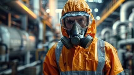 A worker in a protective suit handling hazardous materials, emphasizing safety and compliance in industrial settings