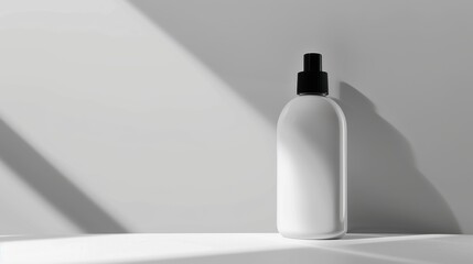 White cosmetic bottle with black dispenser standing on white surface with sunlight and sharp shadows, minimalist concept