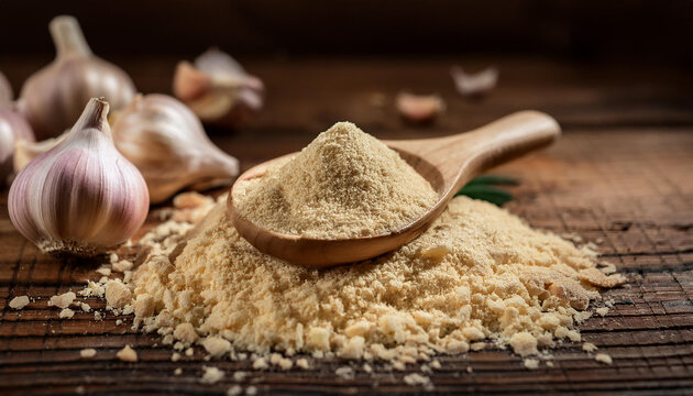 Pile of garlic powder on rustic wooden table, wooden spoon. Natural spice.