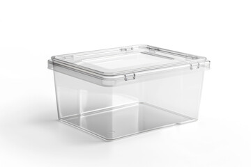 Clear plastic storage container on a white background.
