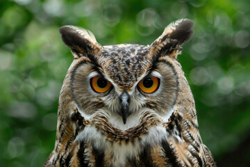 Obraz premium A curious owl looks directly into the camera.
