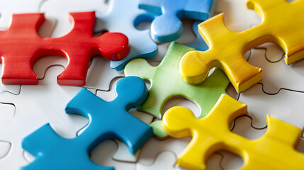 Obraz premium figures working together to assemble a large, multicolored puzzle