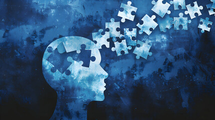 a blue silhouette of a head is shown with several puzzle pieces fitting together inside it. The missing pieces floating above the head symbolize the ongoing process of building knowledge and understan