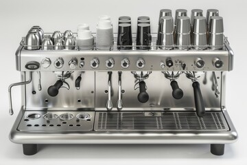 Professional coffee machine with various cups showcasing modern equipment sophistication and the barista craft