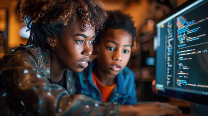 A teacher helping a student with a computer coding assignment, showcasing modern skills in education