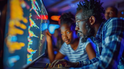 Obraz premium A teacher helping a student with a computer coding assignment, showcasing modern skills in education