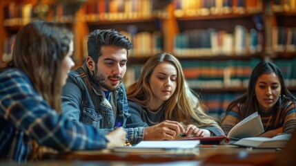 A study group working together in a library, illustrating collaborative learning and academic support