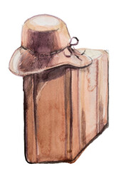 An old suitcase illustration isolated on white. Watercolor vintage leathe bag clipart. Travel concept illustration.